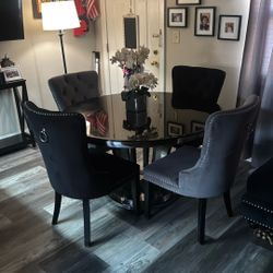 Velvet Round Dining Table With Four Chairs, Black And Gray