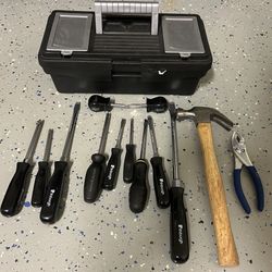 Used Hand Tools Lot with Black Gray Plastic Tool Box