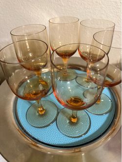 Vintage Mid-Century Amber Wine Goblets – MCM Topaz Stemmed Glasses (Set of 6)