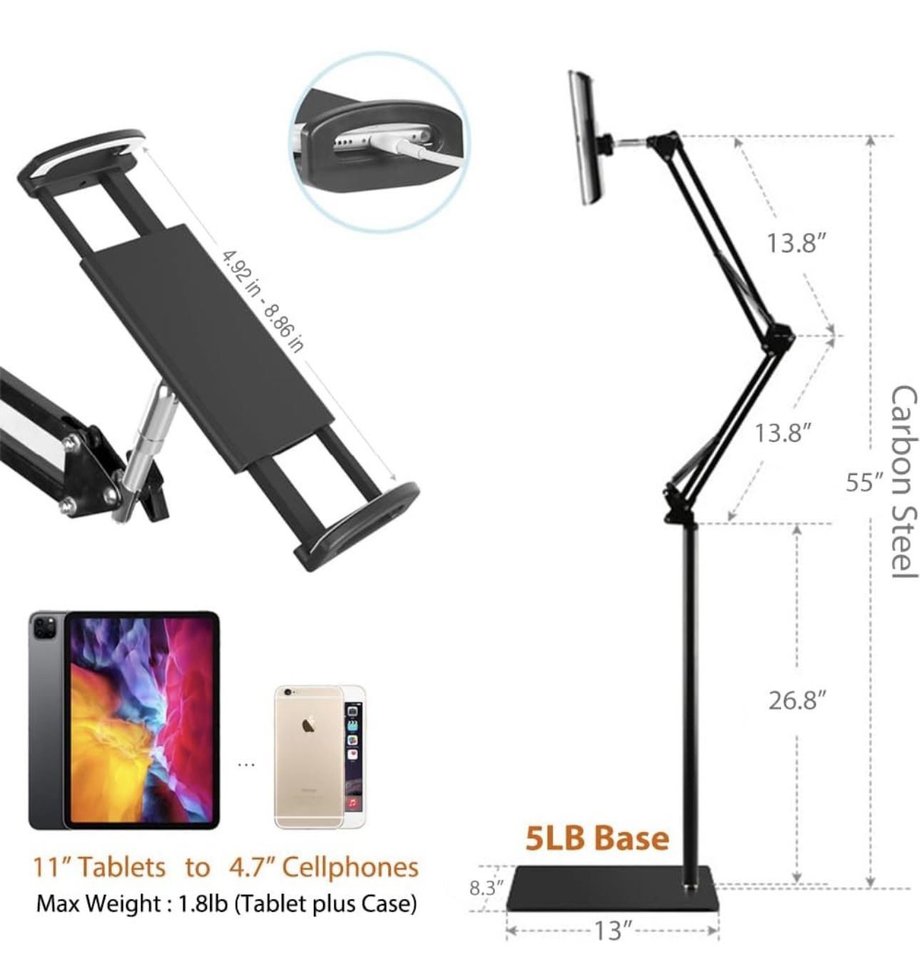 Tablet/Phone Floor Stand/Tripod - Flexible Arm