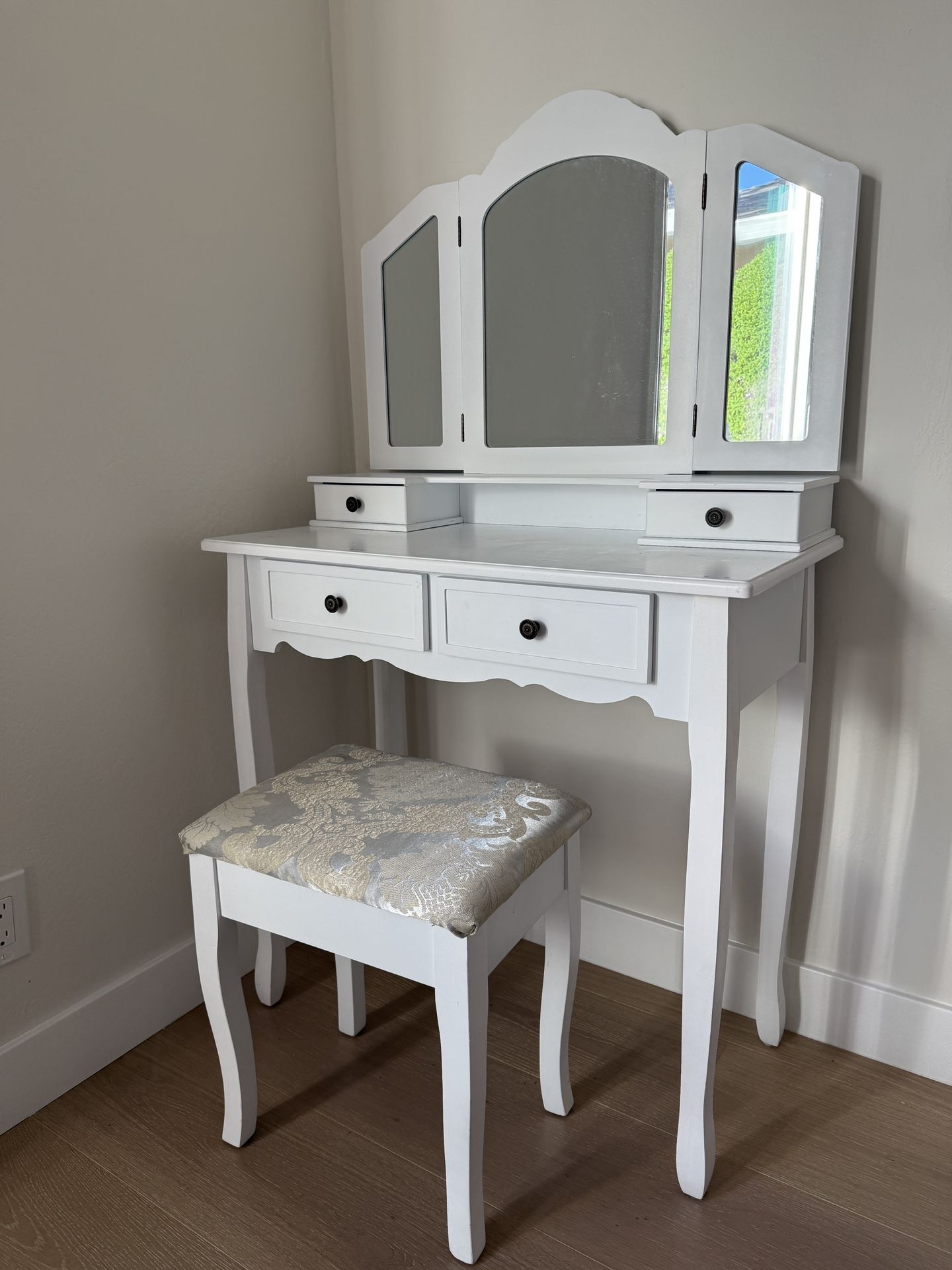 White Vanity Table with Mirror and Stool
