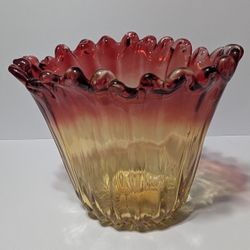 Vintage Amberina Style Ruffled Art Glass Vase – 10" Handblown Fluted Bowl

