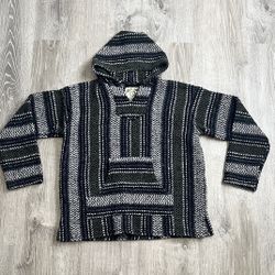 Baja Joe Medium Drug Rug Green Black White Mexican Blanket Knit Hoodie Cotton Mens Women’s Unisex
