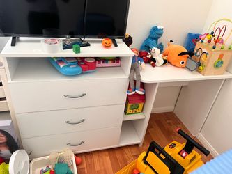 White 3-Drawer Dresser with Side Shelves and desk