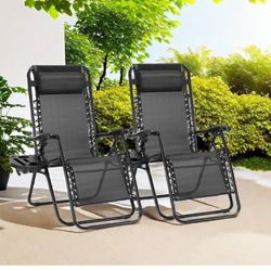 Zero Gravity Lounge Chair Set of 2, Adjustable Folding Mesh Outdoor Reclining Camping Chair w/Pillow & Cup Holder Trays for Lawn Patio Pool Beach, Bla