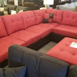 Brand New 112" x 85" Red Fabric Reversible Sectional + Ottoman