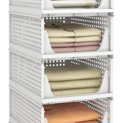 Stackable Plastic Storage Basket, Foldable Closet Organizers and Storage Bins 4 Pack Drawer Shelf Storage Container