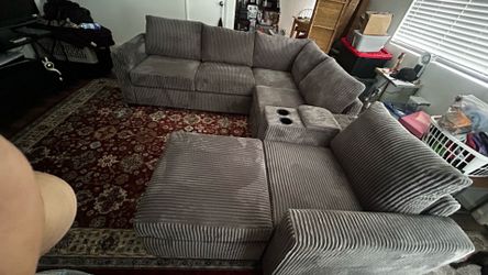 Gray Ribbed Corduroy Sectional Sofa with Cup Holder Console and USB outlets