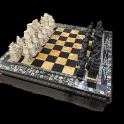 Antique Chinese Hand Carved Stone Chess Set In Mother Of Pearl Wooden Box