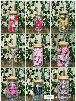 16oz GLASS CUPS WITH BAMBOO LID AND GLASS STRAW AND STRAW CLEANER!