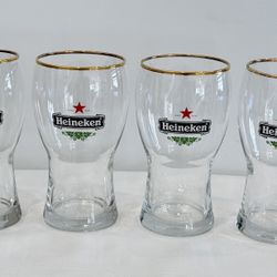 Set of 4 ~ Vintage Heineken Beer Collectible Gold Rim Glasses