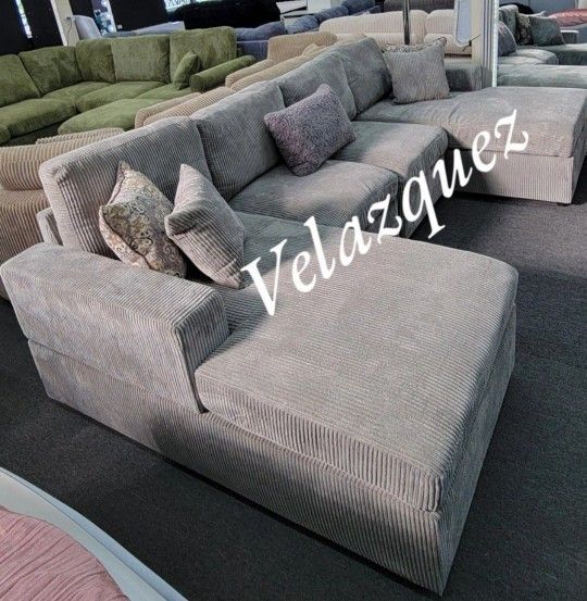 ✅️✅️4 pc fog grey corduroy fabric sectional sofa with double chaise ✅️✅️