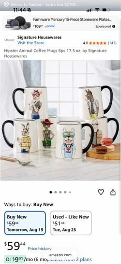 Signature Housewares Hipster Animal Coffee Mugs 6pc