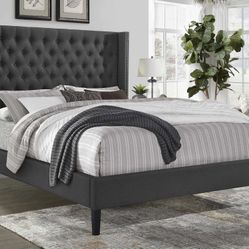 Gray Fabric Wingback Bed