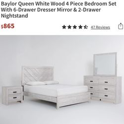 Queen Bedroom Bed Set Nightstand Drawer White Wood 4 Piece Dresser Mirror