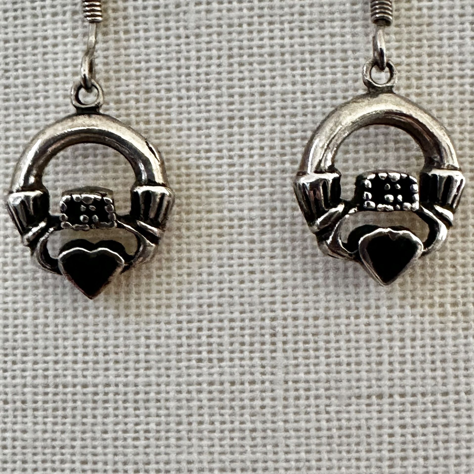 Sterling Silver Claddagh Earrings with Black Onyx Hearts