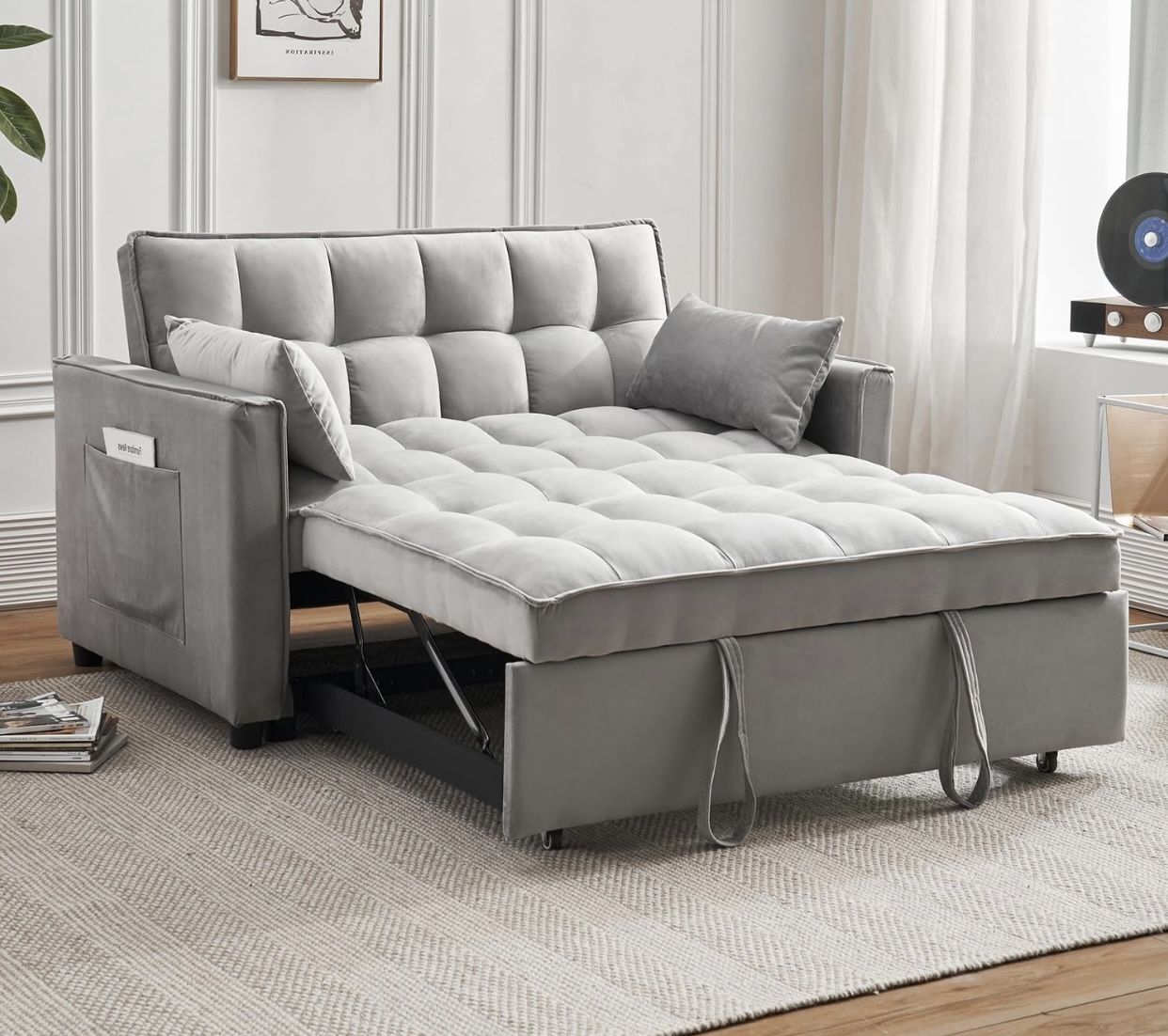 Modern Velvet 3 in 1 Convertible Sleeper Sofa Couch Bed, Pullout Couch Bed