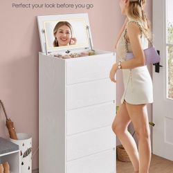 5-Drawer Dresser with Mirror and Lights for Bedroom, Chest of Drawers, Storage Tower Unit, for Closet, Living Room, Entryway, Modern Minimalist Style,