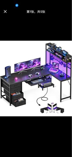 59” (color white)White L-Shaped Gaming Desk with LED Lights, Power Outlets, Drawers & Pegboard S