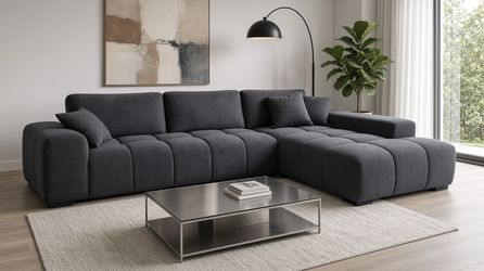 Designer Series Black Tufted Fabric 119” Sectional Sofa Couch