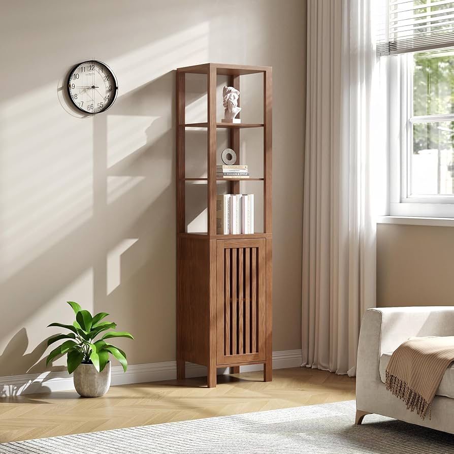 6-Tier Brown Farmhouse Bookshelf with Storage Cabinet & Adjustable Shelf, Rustic Bookcase Home Office Furniture, Organizer for Living Room, Bedroom