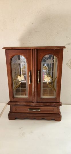 Vintage Wooden Jewelry Box with Glass Doors