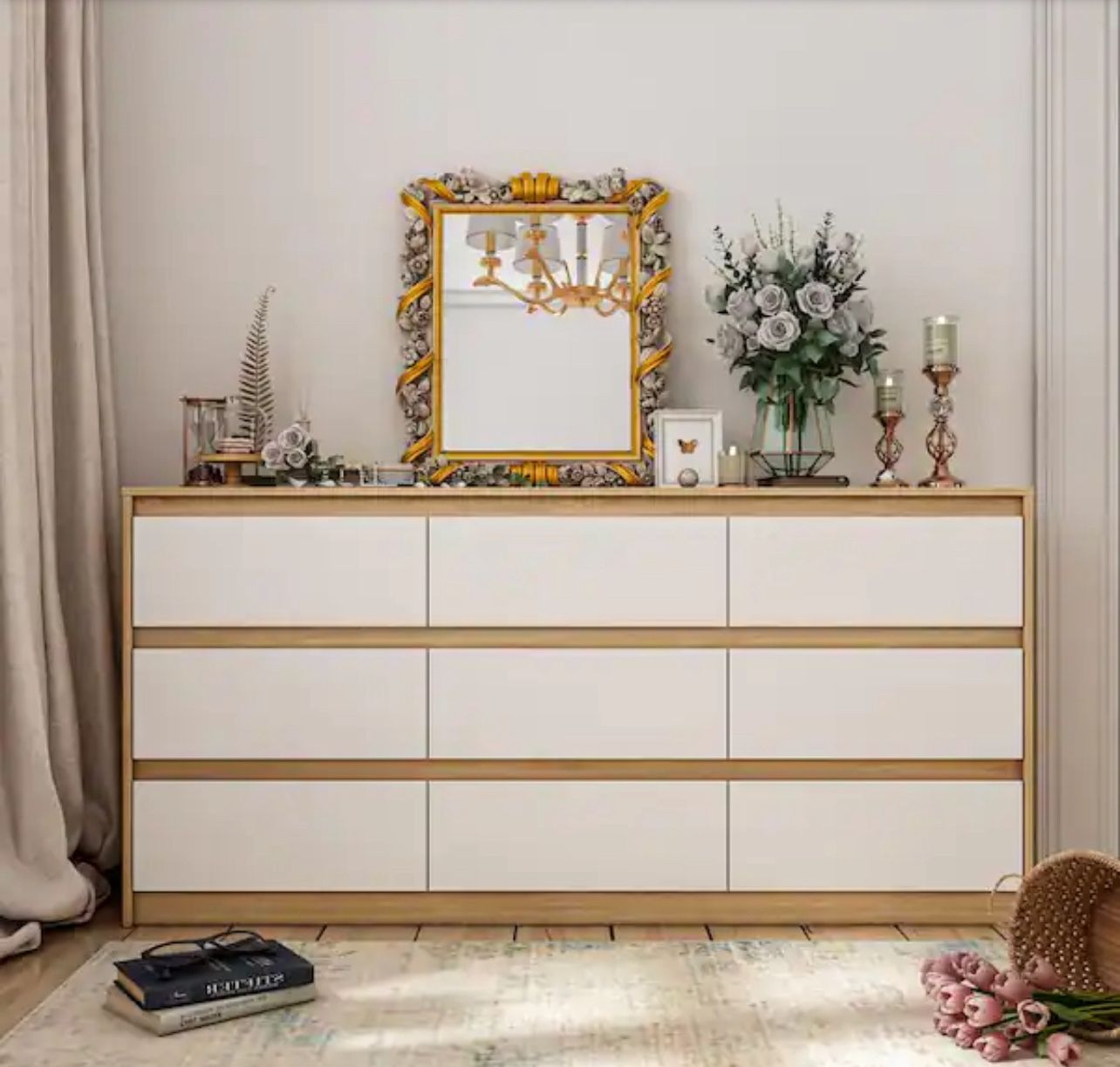 FUFU&GAGA 9-Drawer Natural Brown Wood Dresser Modern Style 31.5 in. H x 63 in. W x 15.7 in. D