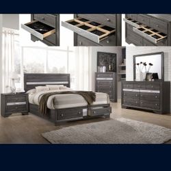 Brand New 5 Pcs Bedroom Set 
Grey Solid Wood 2 Front Drawers 
Diamond Knobs
Bed, 1 Night Stand, Dresser, Mirror & Mattress
Queen: $1349 + Tax
King: $1