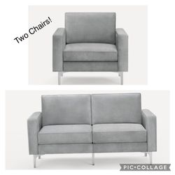 2 Accent Chairs and Sofa (Burrow Brand) Feather Gray Velvet with Chrome Legs