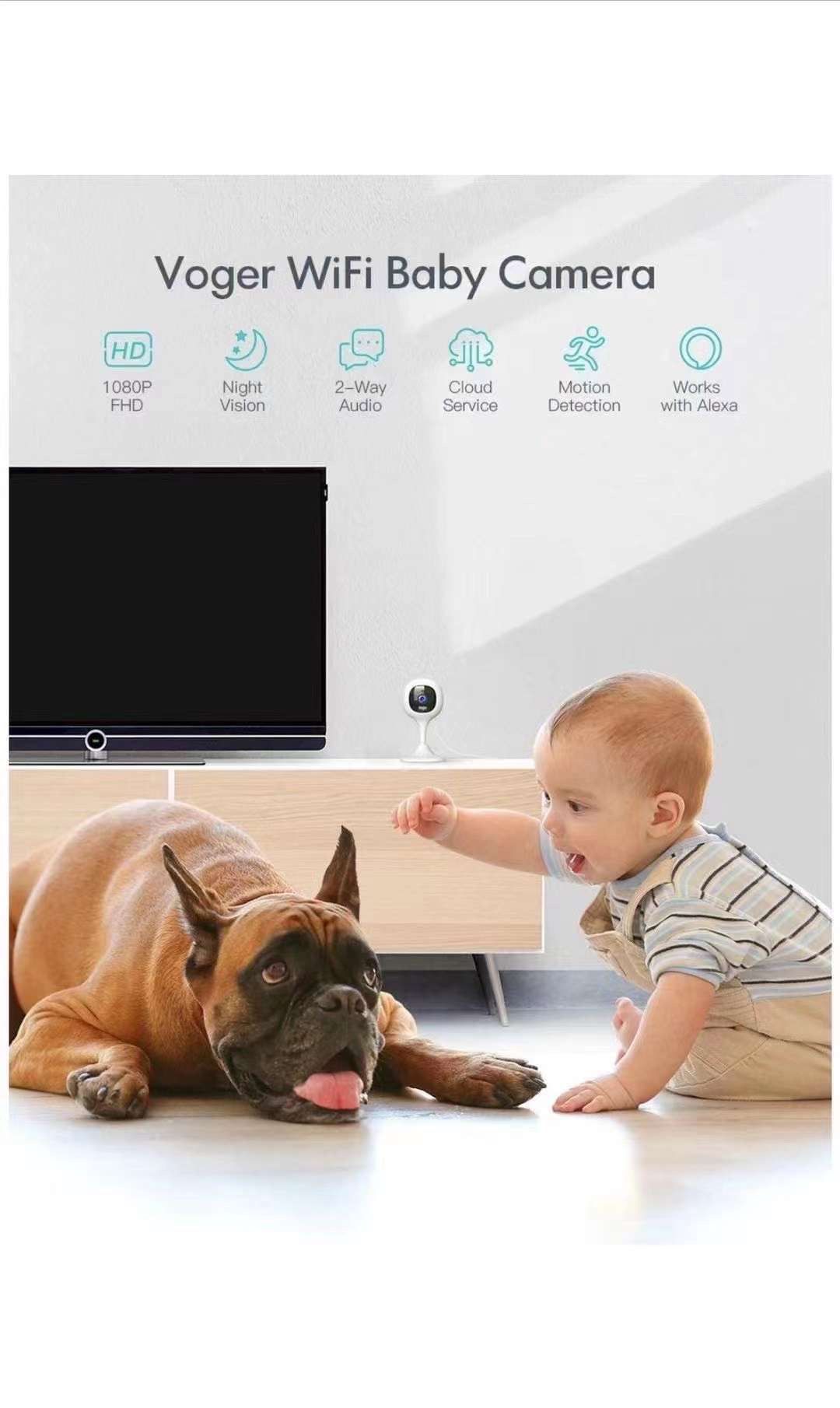 Security Camera Indoor, 1080P WiFi Camera for Baby/Pet/Nanny Motion Detection, Night Vision, Two-Way Audio, Compatible with Alexa/Cloud Service