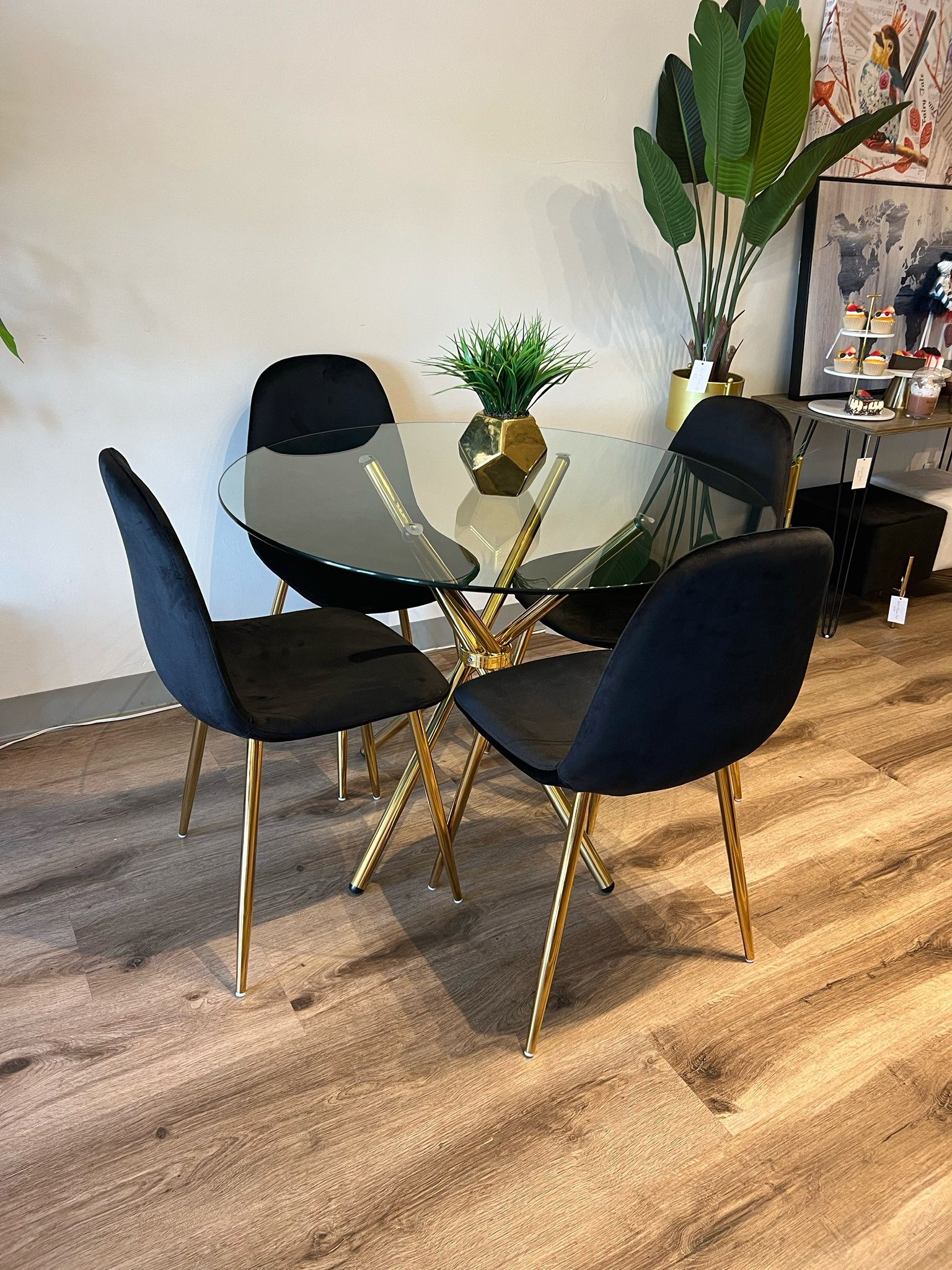 Black Gold Velvet Glass Dining Set For 4