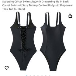 Sculpting Corset Swimsuits,with Drawstring Tie in Back Corset Swimsuit, Sexy Tummy Control Bodysuit Shapewear Tank Top (L, Black)