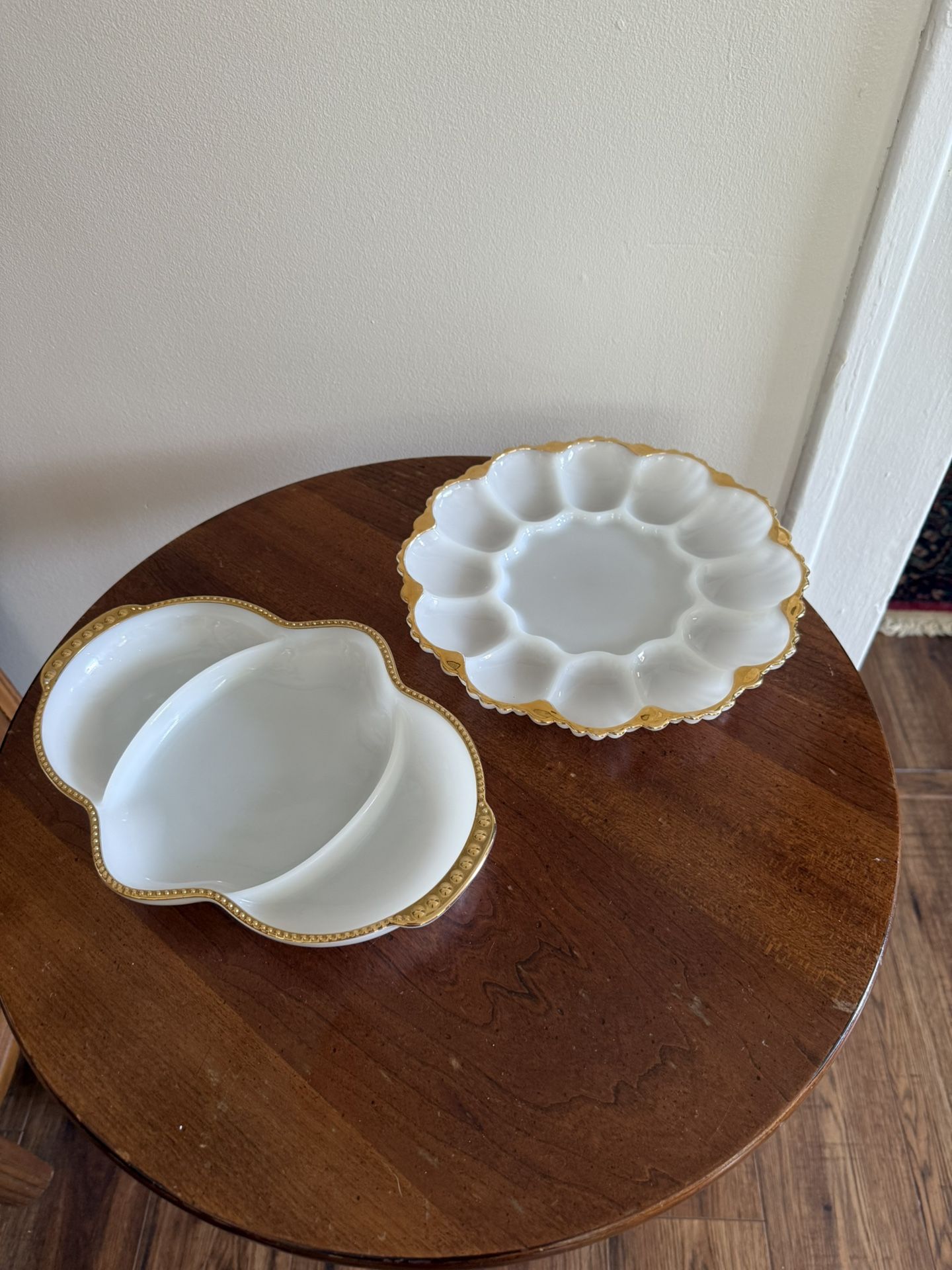 Lot of 2 Anchor Hocking Fire King Milk Glass Deviled Egg Gold Trim + Relish Tray