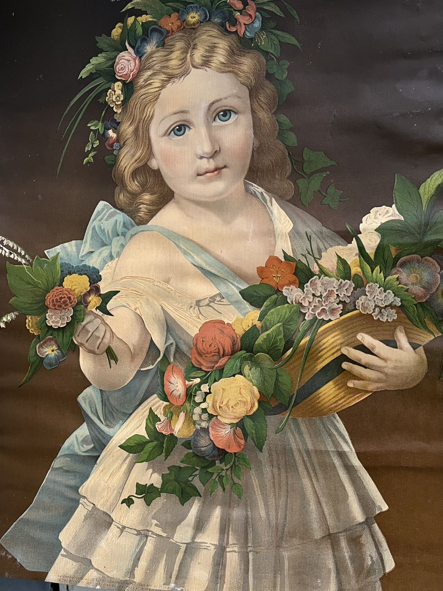 Antique Victorian Color Lithograph. From Augusta Maine. Flowers Floral Portrait Pretty Girl