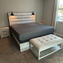 King Size Bed Frame, Mattress, Box Spring, Nightstands and Bench