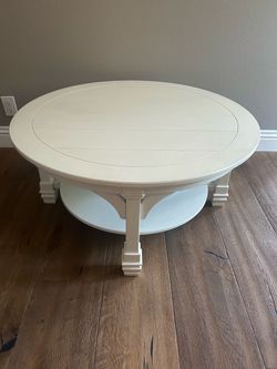 Round White Wood Coffee Table with Lower Shelf