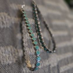 Funky, 3" Long Oval Sterling And Turquoise Earrings 