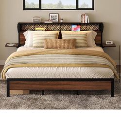 Walnut Metal Frame Full Platform Bed with Wood Storage Headboard Charge Station and Foldable Bedside Shelf and LED