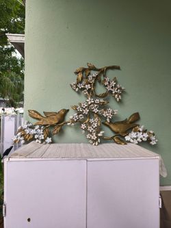 Vintage 1960s Syroco Gold birds perching on Dogwood Floral Branch Wall Plaques