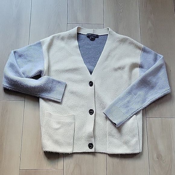 French Connection Cream Light Grey Colorblock Button Up Knit Cardigan size S
