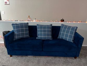 Navy Blue Velvet 3-Seat Sofa with Throw Pillows