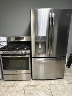 GE counter depth french door refrigerator &. GE 5 burner gas range set stainless steel