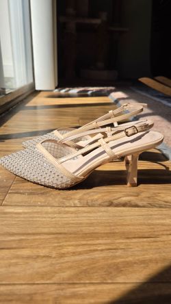 beige rhinestone embellished slingback kitten heels,