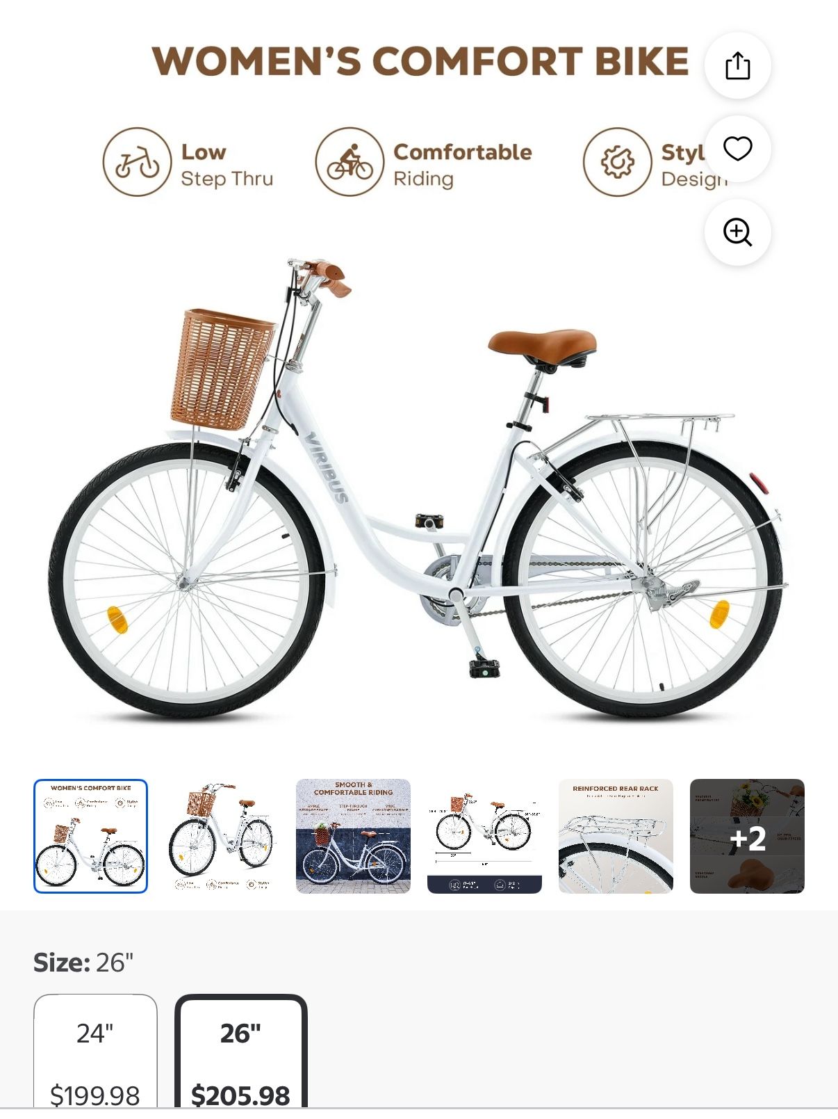 Viribus 26 inch City Cruiser Bicycle for Women with Carbon Steel Frame Dual V Brakes Basket for Women Adults,White