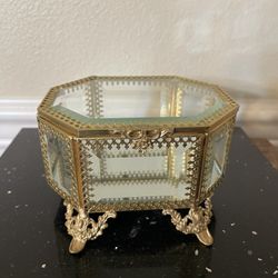 Nicole Miller Beveled Glass Metal Mirror Bottom Jewelry Trinket Box