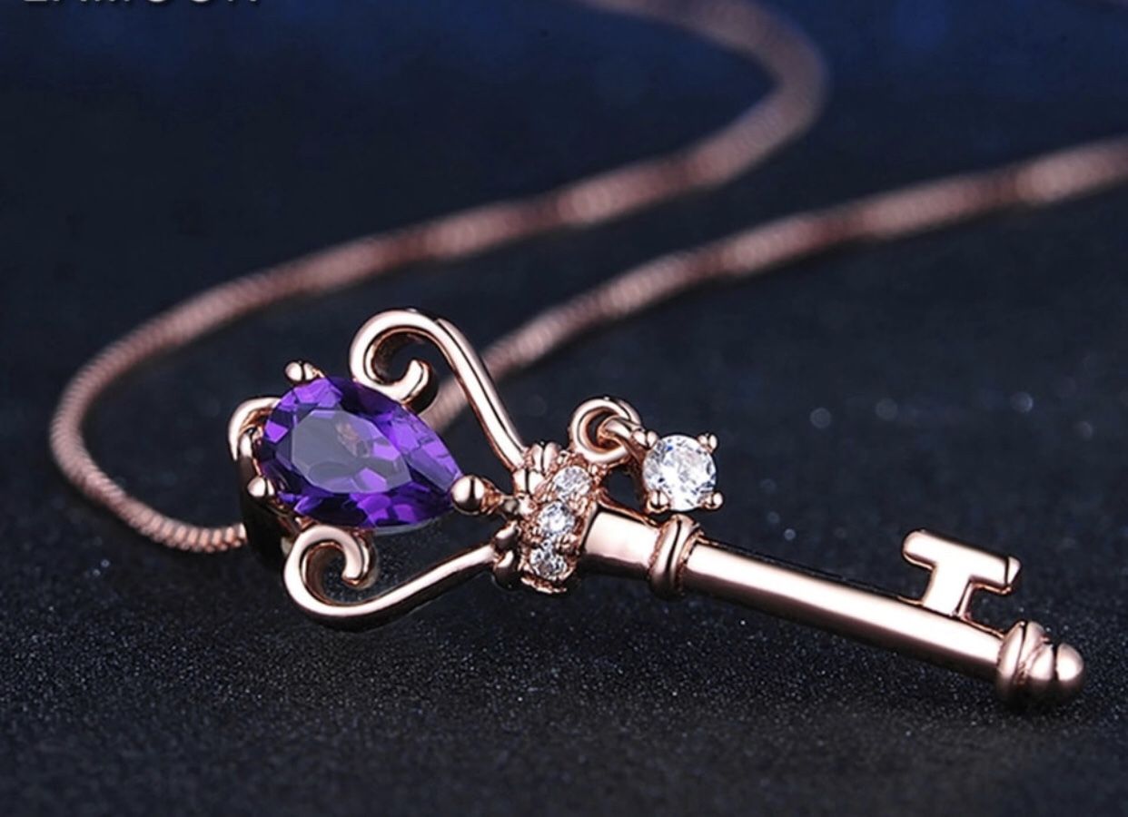 New Purple key Crystal pendant with chain rose gold color
