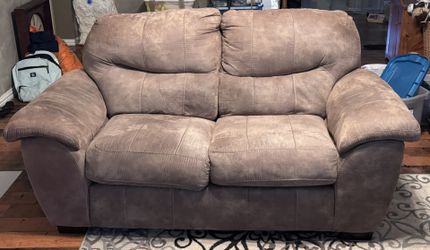 Tan Taupe Overstuffed Microfiber Loveseat and Matching Chair