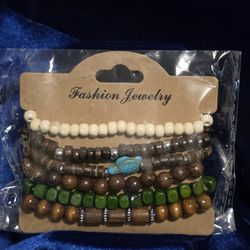 Men’s Beaded Bracelet Set – Turquoise & Wood (New)