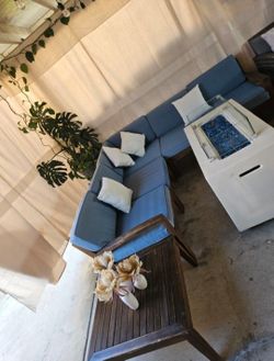 Wood Patio Sectional Couch And Table Propane Fire Pit/Conversation Set/outdoor Furniture/Cash Only 