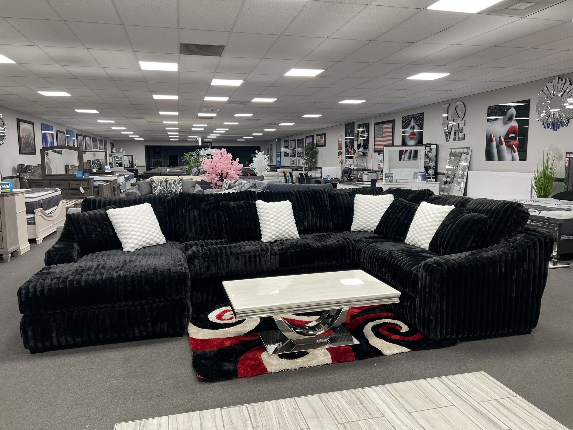 American Made Black Velvet Sofa Sectional w/ Chaise 